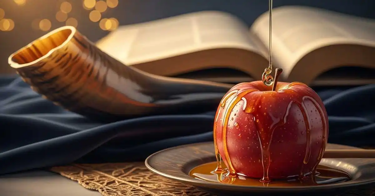 Maçã com mel e Shofar dourado, símbolos do ano novo judaico Rosh Hashaná.