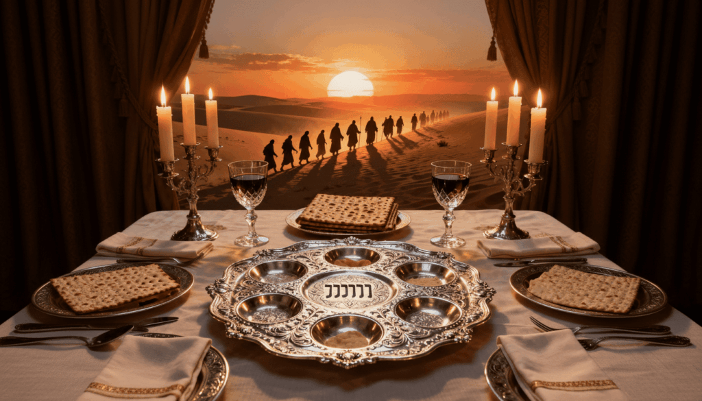 Mesa de Seder de Pessach com elementos tradicionais e fundo simbólico da saída do Egito.