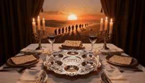 Mesa de Seder de Pessach com elementos tradicionais e fundo simbólico da saída do Egito.