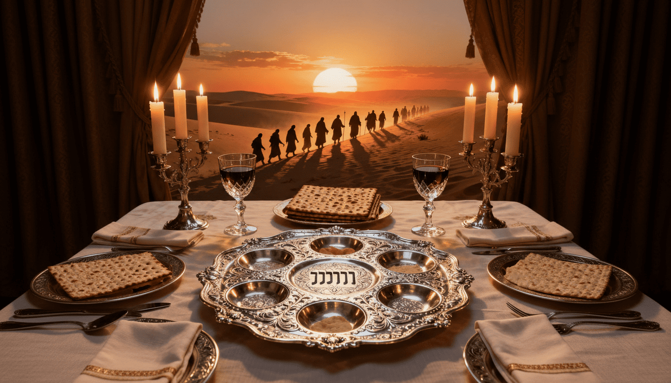 Mesa de Seder de Pessach com elementos tradicionais e fundo simbólico da saída do Egito.